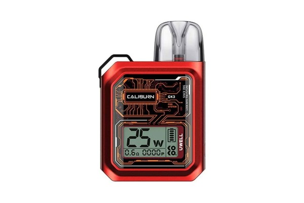 Kırmızı Uwell Caliburn GK3 Pod 25W elektronik sigara cihazı, dijital ekranlı.