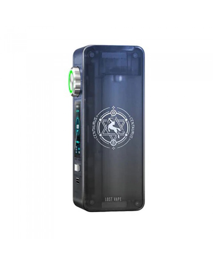 Lost Vape Centaurus N100 Mod koyu gri, şeffaf gövde, yeşil ışıklı ayar düğmesi.