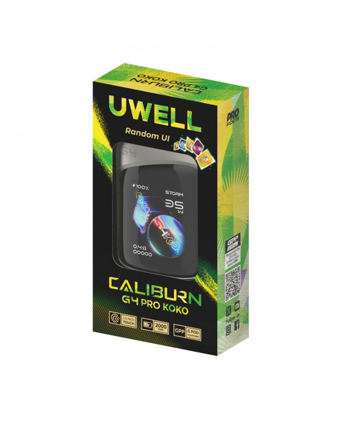 Uwell Caliburn G4 Pro Koko Pod 35W kutusu, siyah ve yeşil tasarım.